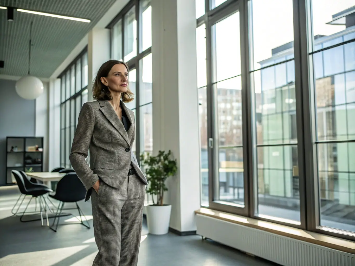 A professional in a business suit confidently striding forward in a modern office setting, symbolizing career advancement and professional growth.