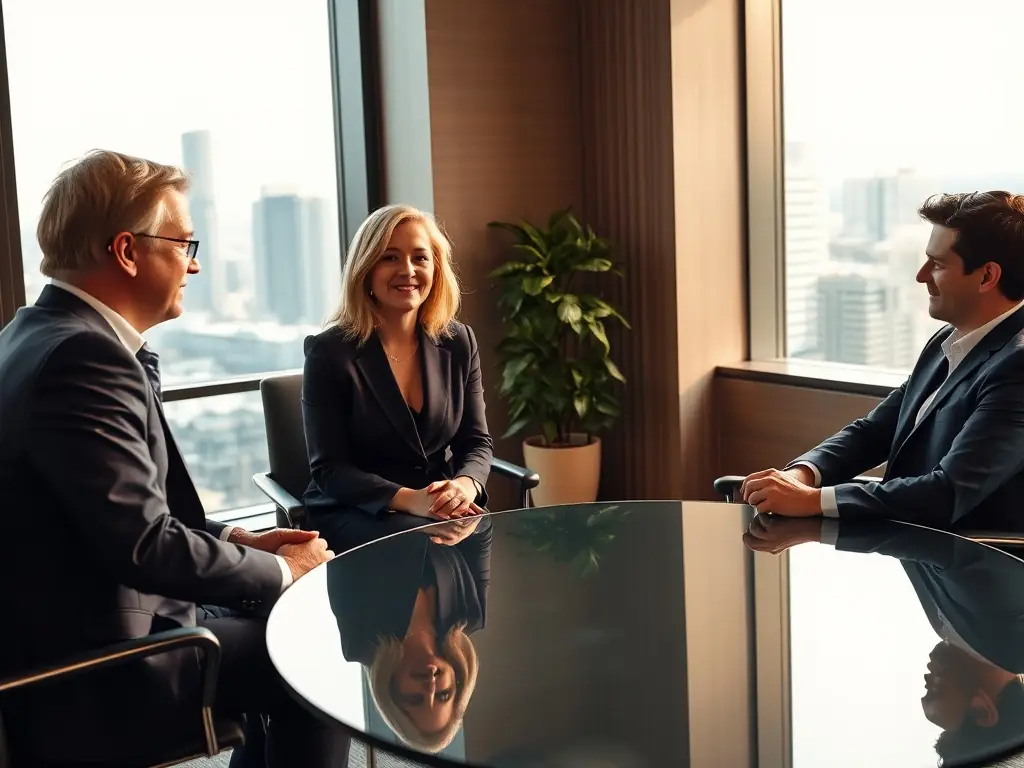 An image of a confident professional receiving one-on-one coaching in a modern office setting, with a UK cityscape in the background.